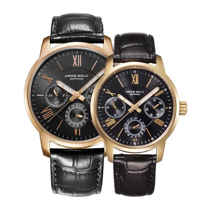 Aries Gold Couple Watch | Gold Case Black Dial Multifunction | Black Strap