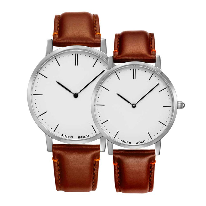 Minimalist Couple Watch | White Dial Brown Strap