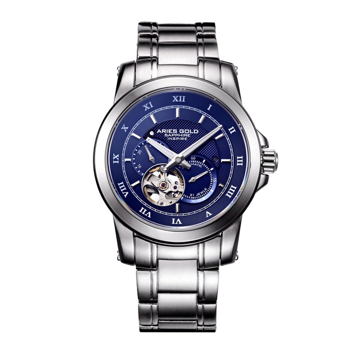 Aries Gold Men Silver Case Blue Dial Automatic Watch G 9001 S-BU | Stainless Steel Strap