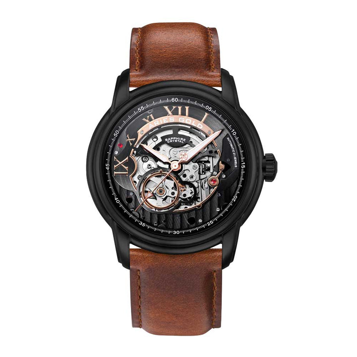 Aries Gold Men Black Automatic Watch G 9005 BK-BK | Black Skeleton Dial Brown Strap