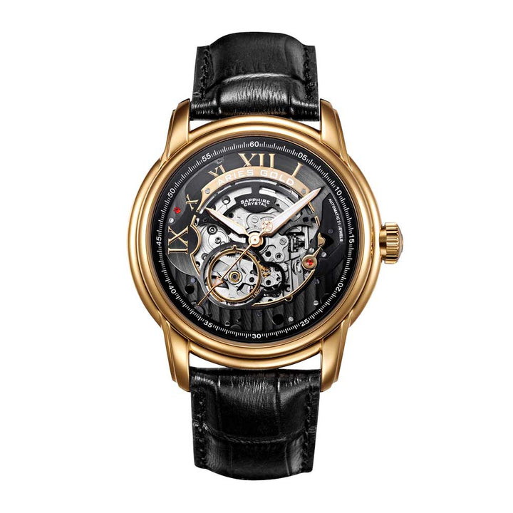Aries Gold Men Automatic Gold Watch G 9005 G-BK | Black Skeleton Dial Black Strap